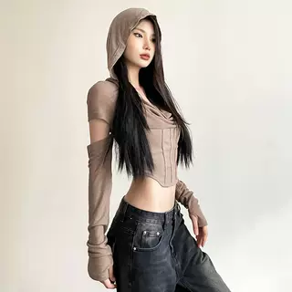 废土风复古荡领连帽长袖T恤女收腰显瘦辣妹爵士舞上衣音乐节穿搭