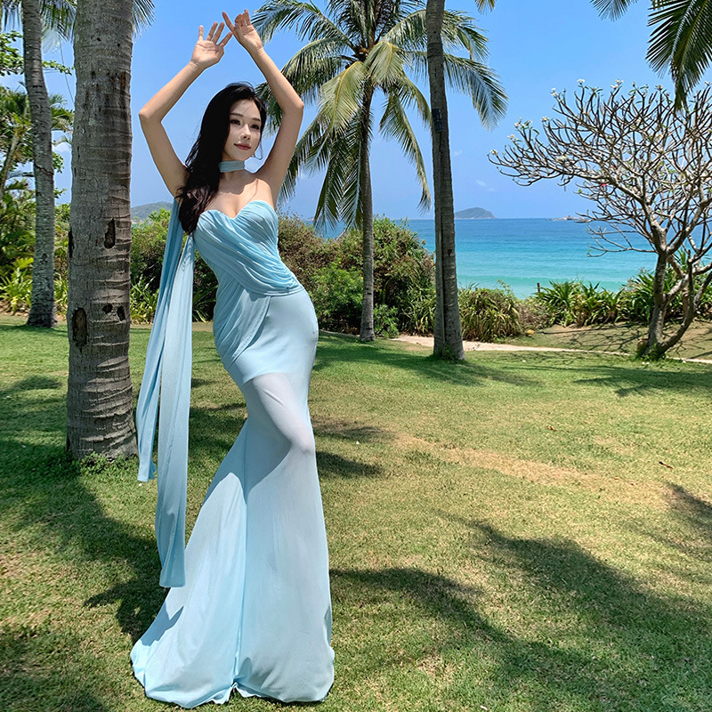 法式绝美蓝色网纱抹胸连衣裙女夏季海边度假气质礼服包臀鱼尾
