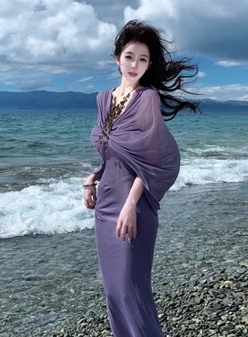 高级感紫色抹胸连衣裙女御姐设计感假两件包臀裙无袖抹胸鱼骨