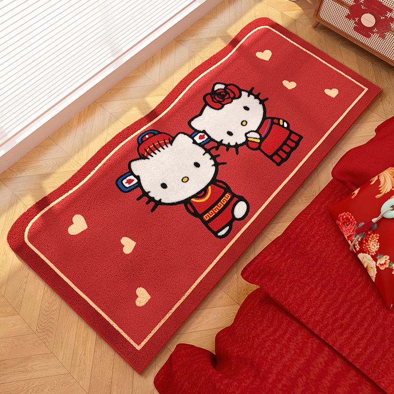 卧室地毯彷羊绒床边毯凯蒂猫卡通红色新年结婚婚庆床边毯喜字垫脚