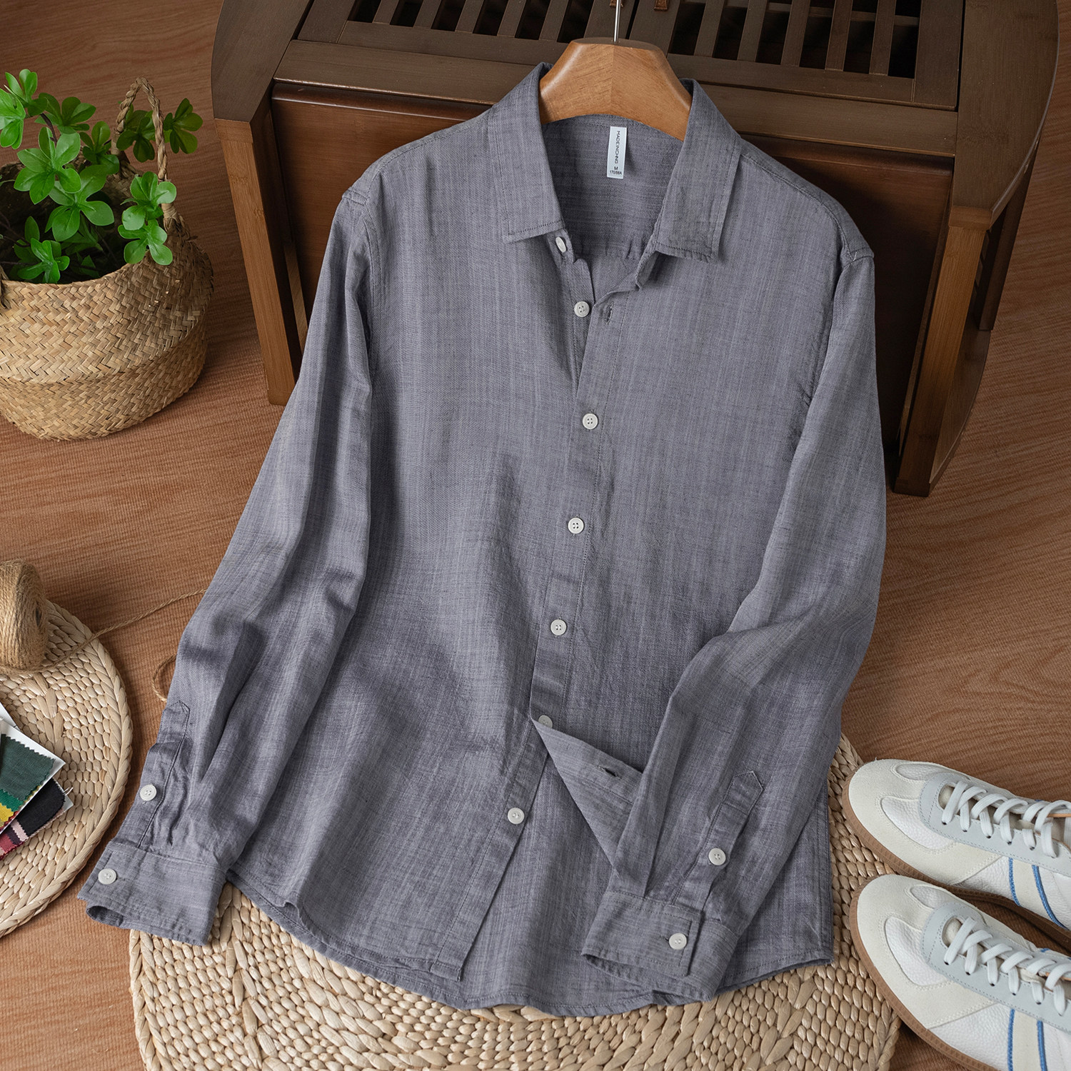 麻尚生活天丝亚麻长袖衬衫男士春秋新款宽松休闲衬衣百搭上衣外套