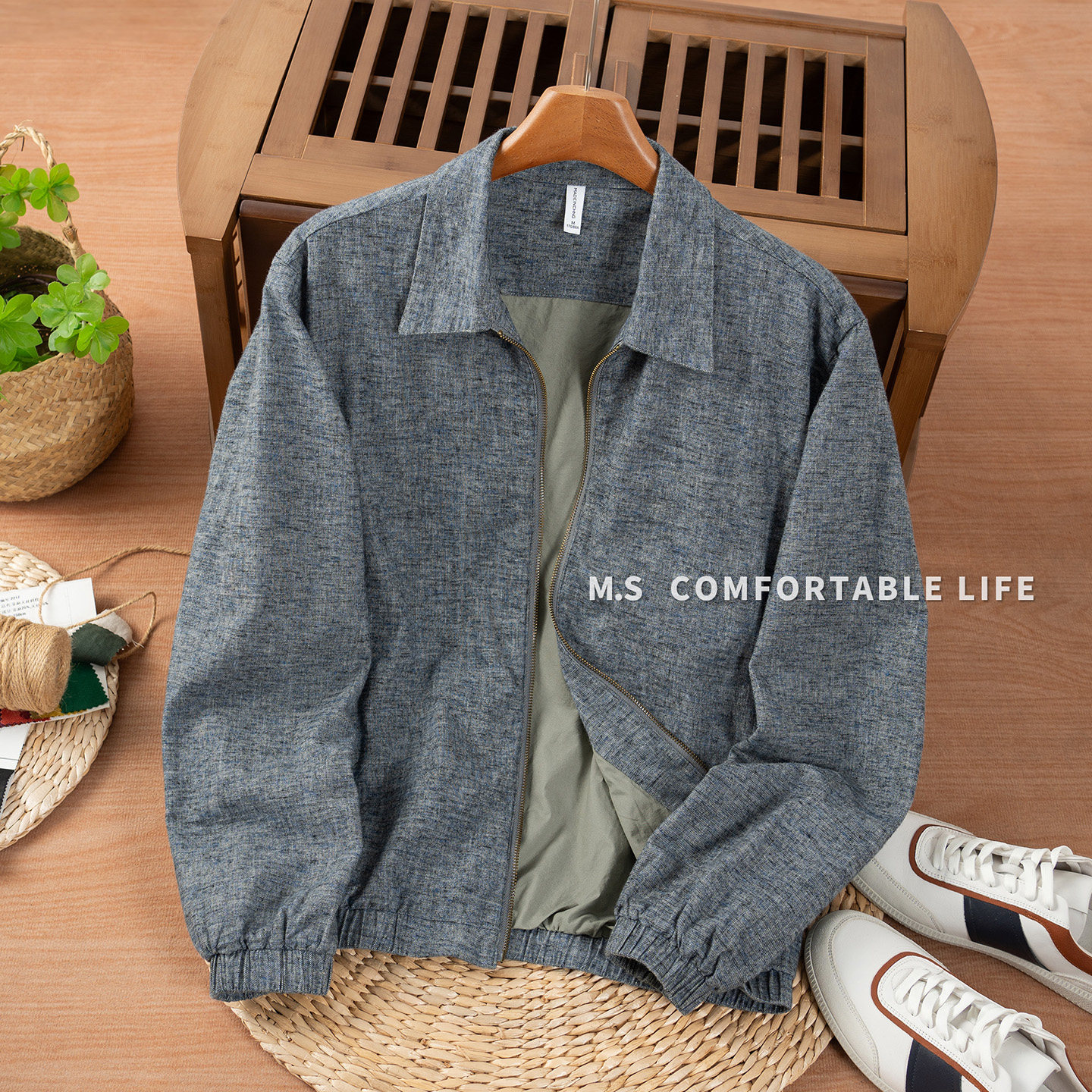 麻尚生活亚麻休闲夹克男秋季新款宽松复古老钱风翻领棉麻外套上衣