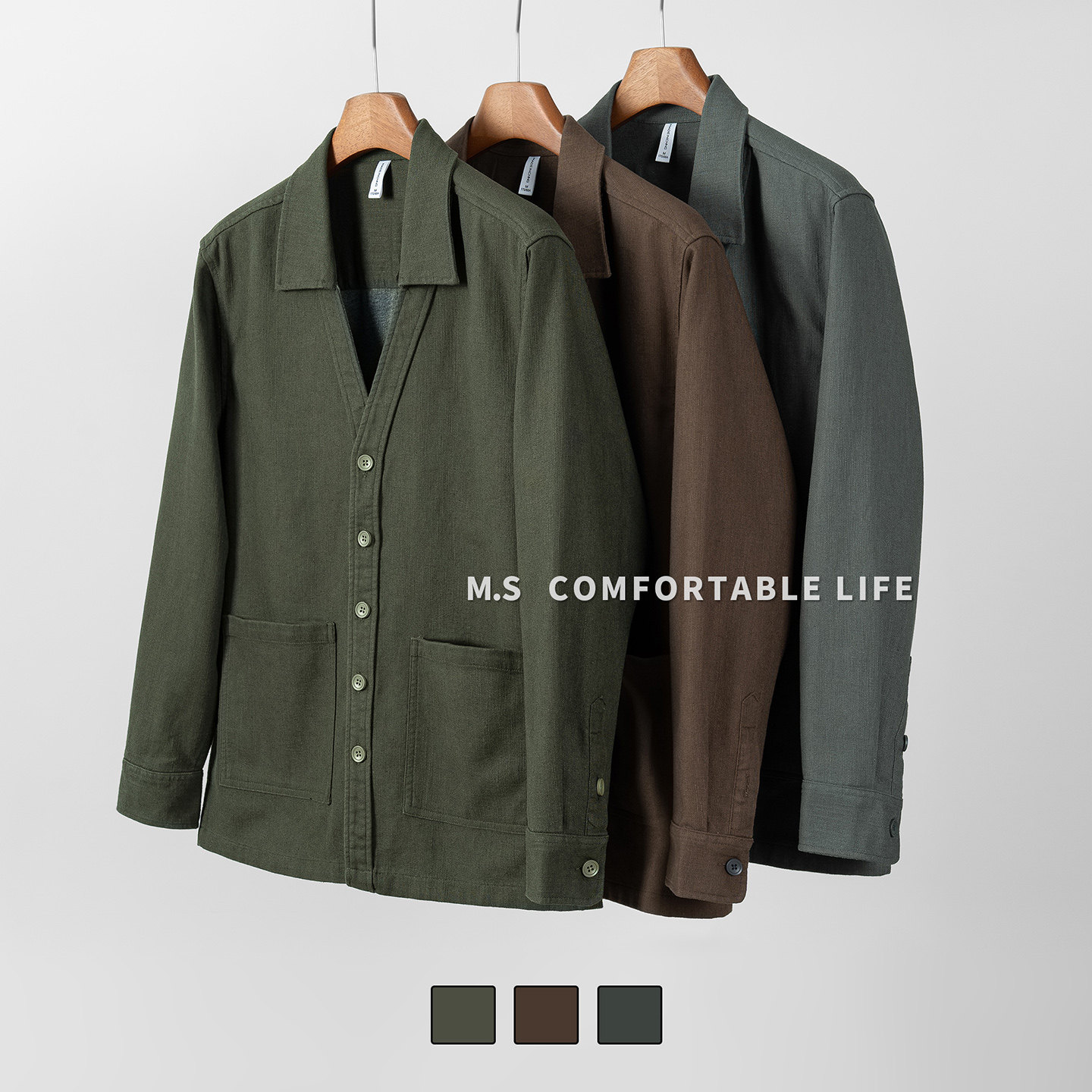 麻尚生活海鸥领男士亚麻外套秋季新款老钱风宽松休闲棉麻夹克上衣