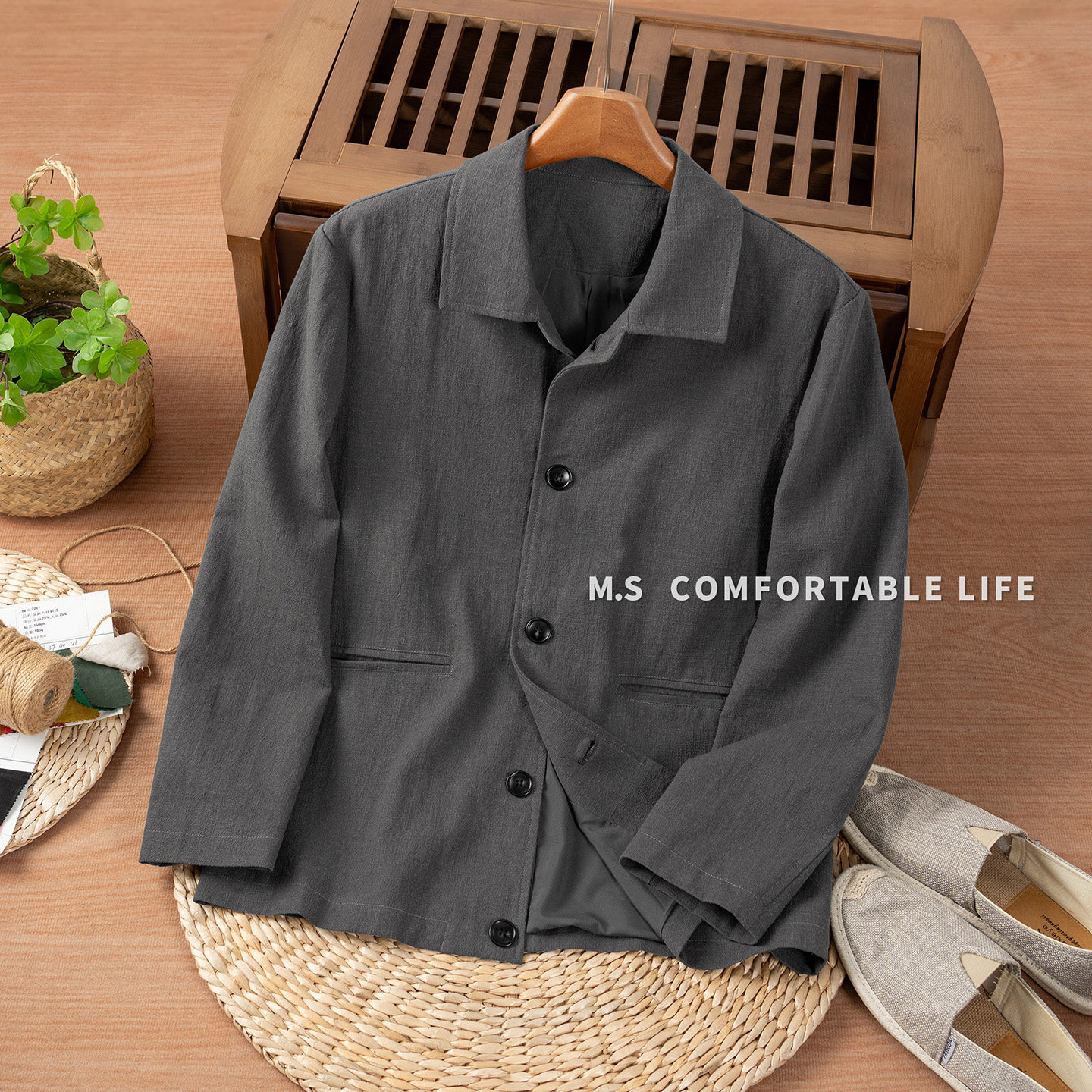 麻尚生活休闲棉麻外套男秋季新款宽松百搭新中式翻领夹克苎麻上衣