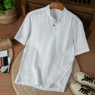 宽松显瘦休闲百搭短袖 新款 上衣 T恤男夏季 麻尚生活纯亚麻立领衬衫