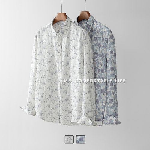 麻尚生活天丝亚麻男士碎花衬衫秋季新款设计感宽松休闲衬衫薄外套