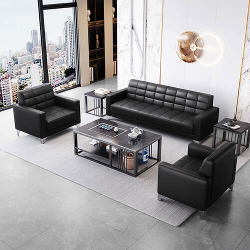 办公室沙发商务接待简约会客休息区洽谈三人位真皮茶几组合套装
