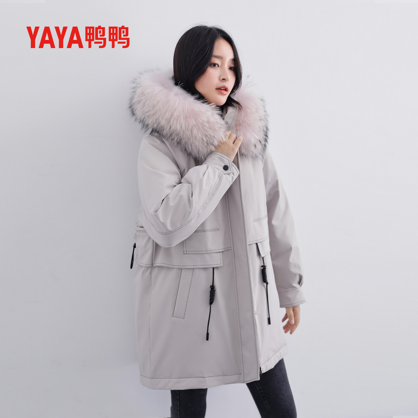 鸭鸭羽绒服女中长款毛领连帽外套