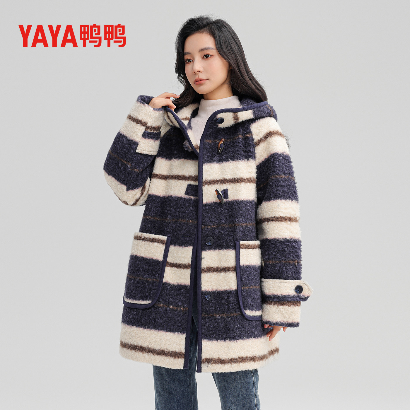 鸭鸭长款羽绒服连帽呢绒大衣外套