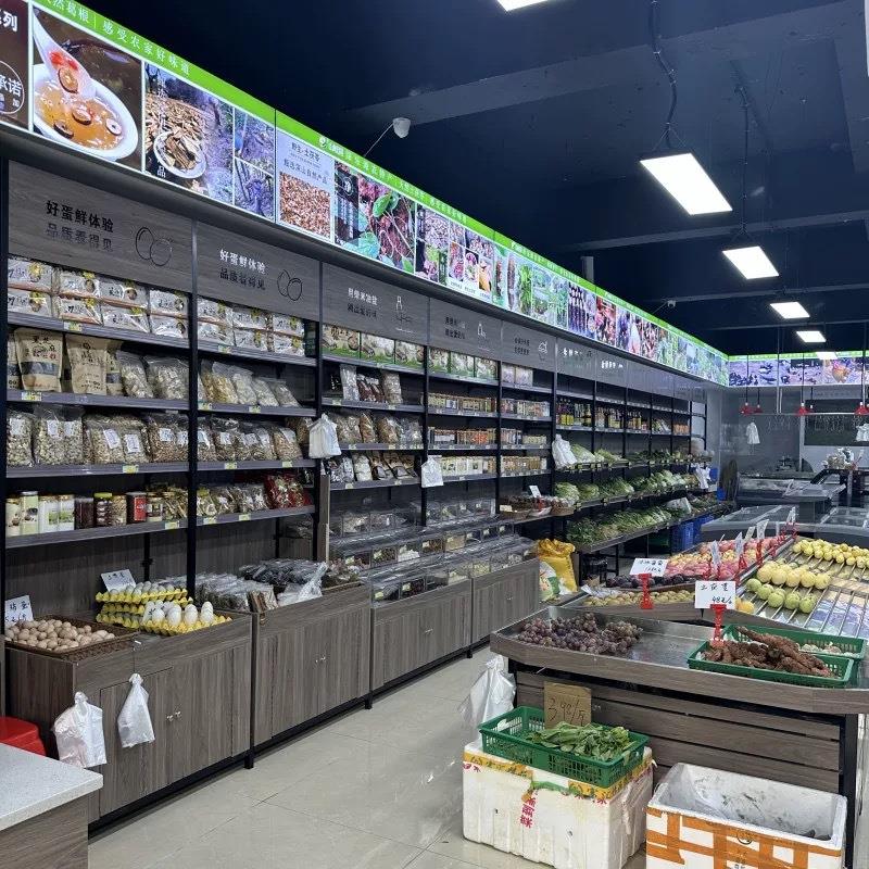 超市干货杂粮大米展示架生鲜杂粮店货架多层可调节钢木展架供应