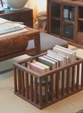 黑胡桃木收纳筐杂物框实木储物盒禅意新中式桌面置物篮