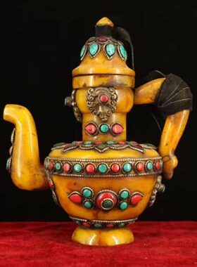 古玩收藏西藏收老物件纯手工掐丝镶嵌宝石蜜蜡酒壶藏式八宝酒壶