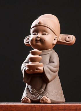 创意紫砂招财手工摆件旺财童子人物家居博古架办公室桌面装饰品