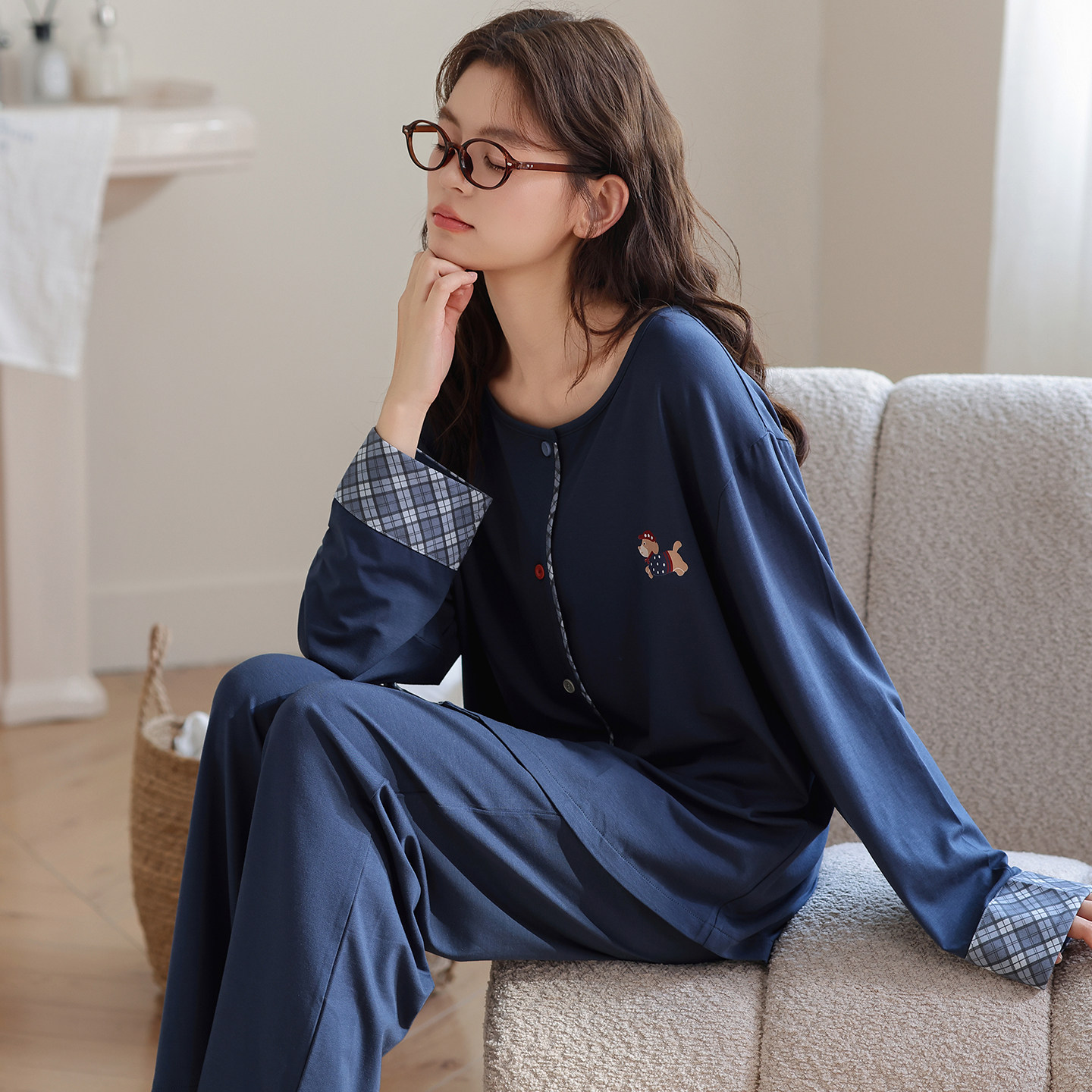 【蓝色小狗】2025新款长袖开衫睡衣女家居服套装可外穿居家休闲款