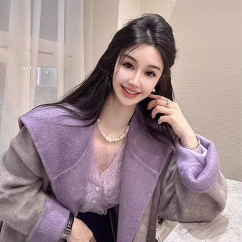 小香风紫色双面羊毛大衣