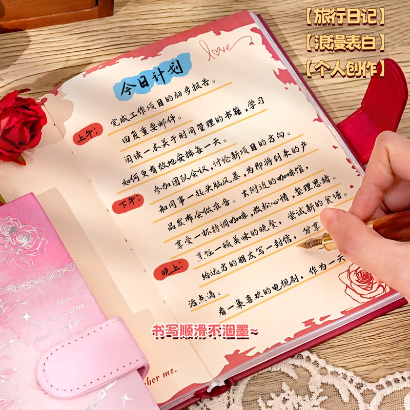 玫瑰文艺复古精装本子高颜值烫金加厚笔记本子B6磁扣本女孩手帐手