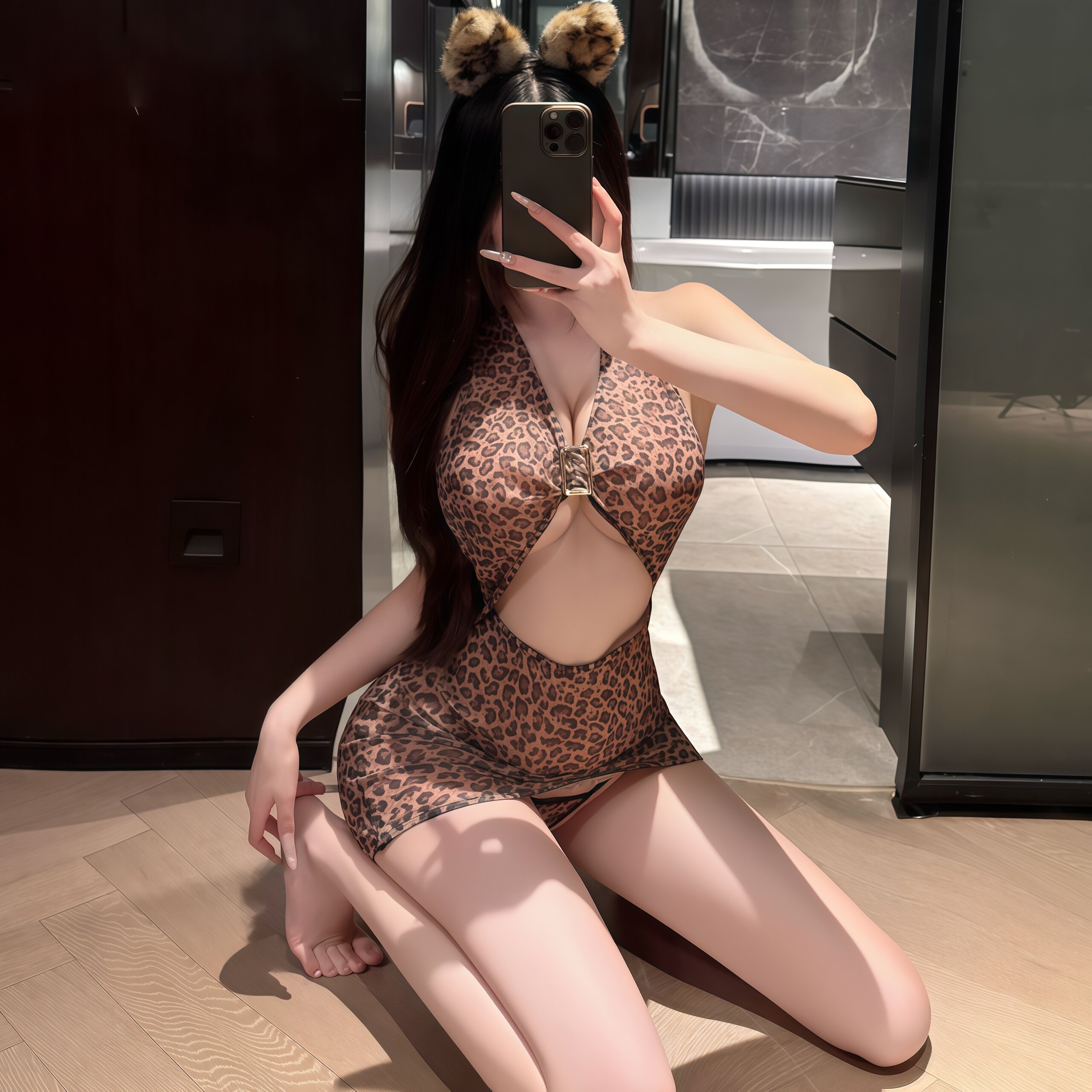 性感透视豹纹辣妹深v美背夜店挂脖包臀裙纯欲诱惑制服情调qqny女