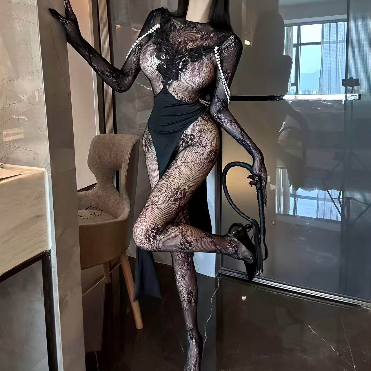 性感蕾丝网纱透视万圣cos提花连身衣连情侣约调套装