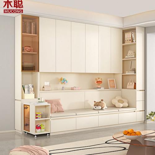 奶油风落地卡座组合书柜一体拐角储物柜书房家用置物展示柜F61