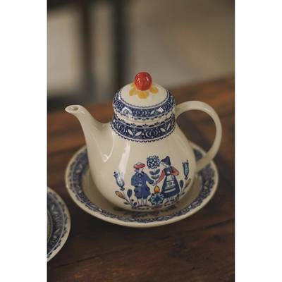 清现货Johnson Brothers英国中古釉下彩心花跳舞男孩女孩陶瓷水壶