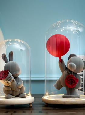 永生花发光玻璃罩防尘罩甜心兔告白熊工艺品摆件展示盒礼物手办