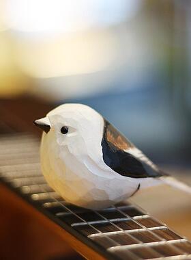 鹿妖商店 银喉长尾山雀 北长尾山雀 肥啾鸟 纯手工小鸟木雕摆件