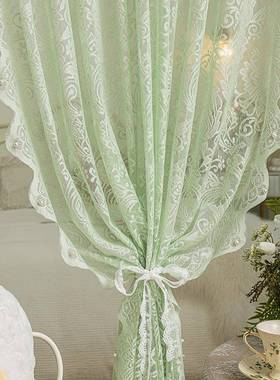 绿色蕾丝窗纱免打孔法式纱帘魔术贴装饰飘窗卧室阳台窗帘遮光安装