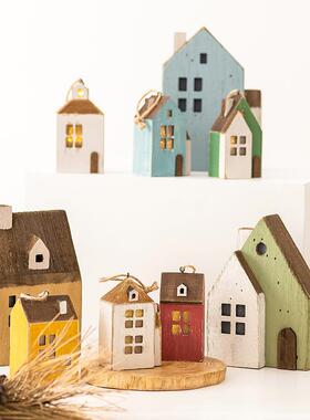 YBOX创意乡村田园木质小房子家居发光摆件挂饰圣诞装饰咖啡店饰品