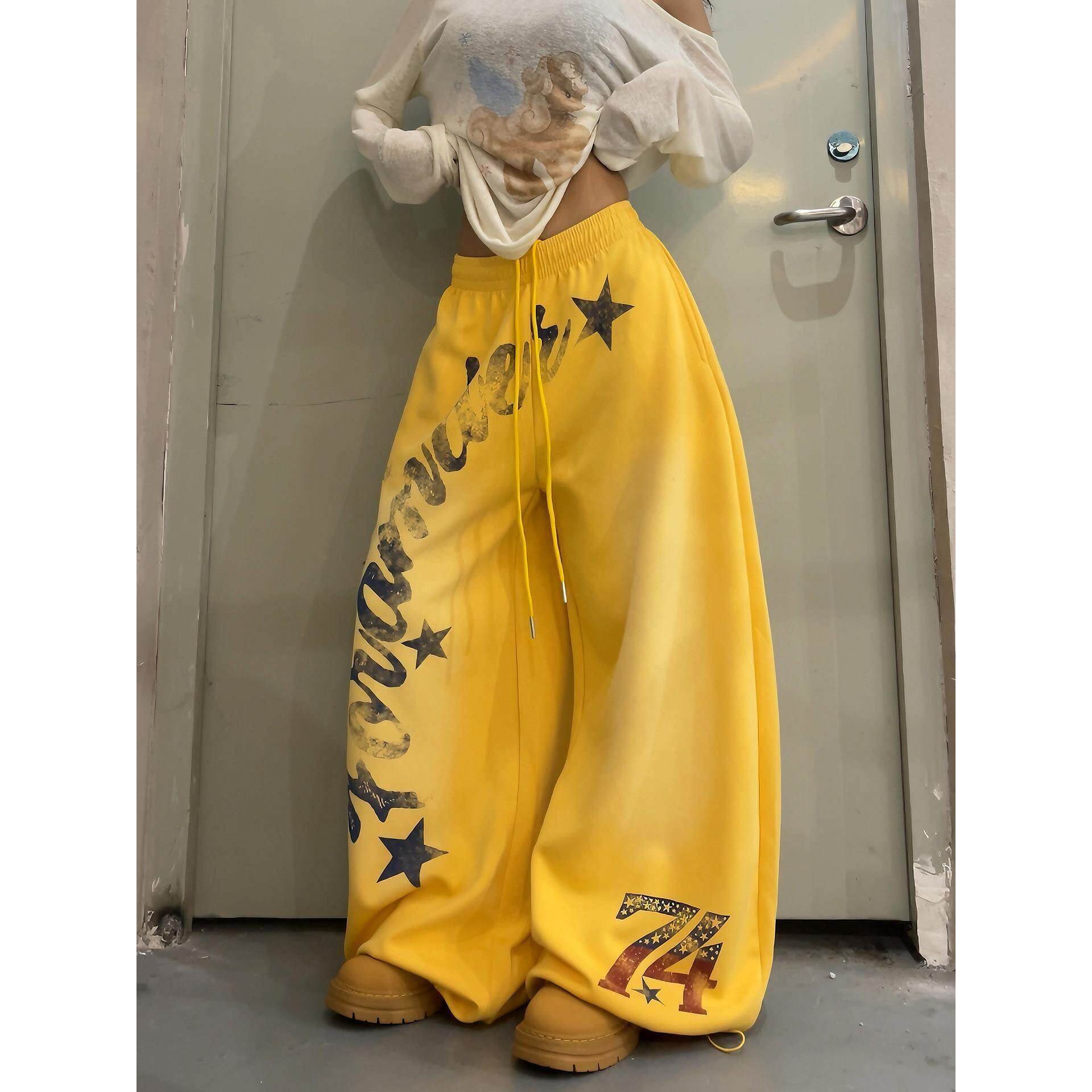 美式休闲运动弯刀卫裤女春夏宽松阔腿星星垂感印花跳舞水洗黄色裤