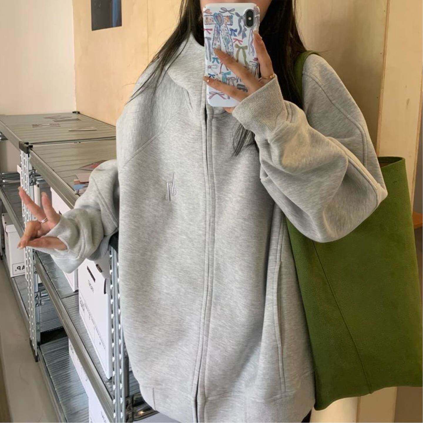 重磅灰色连帽卫衣外套女春夏oversize宽松慵懒风上衣