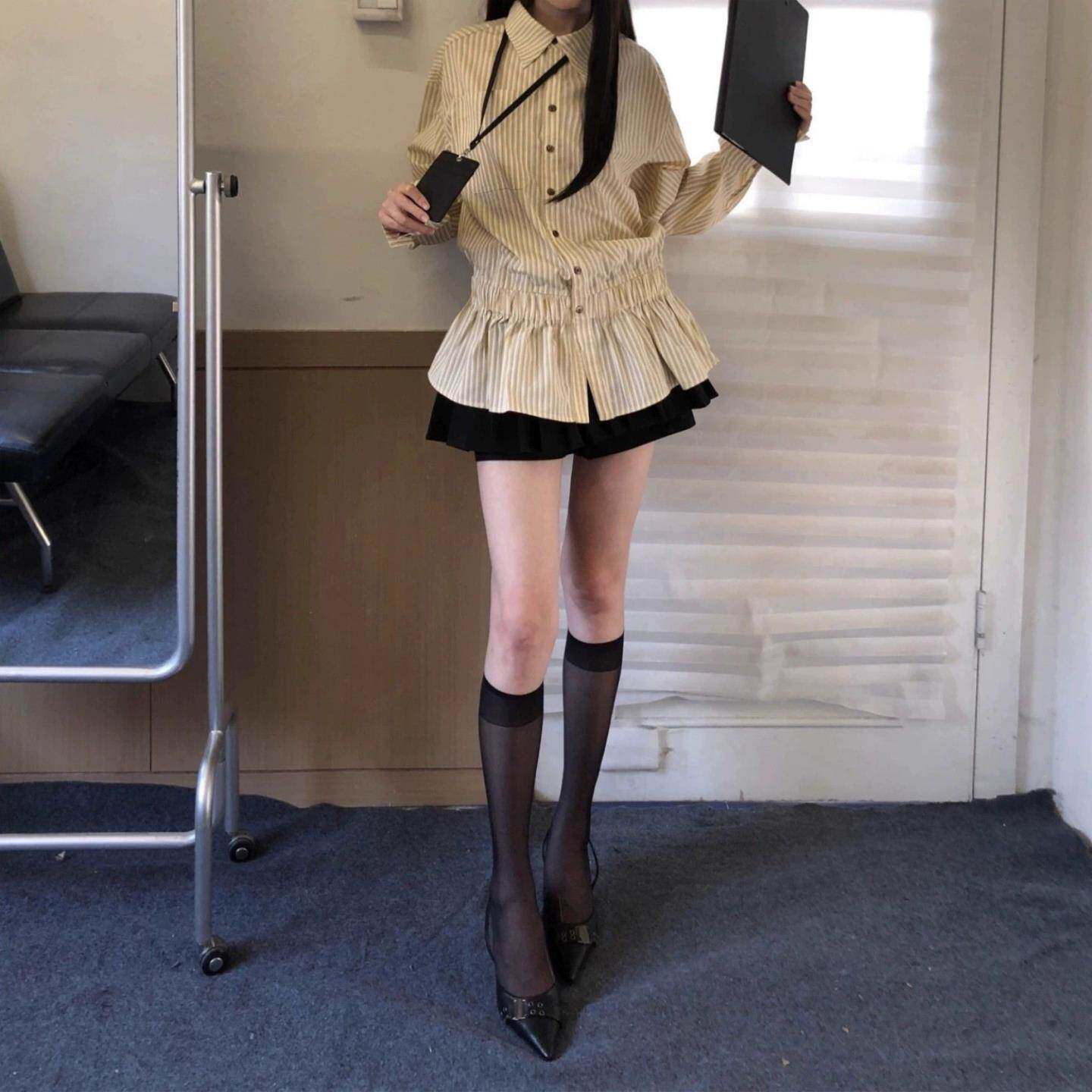 黄条纹松紧腰长袖衬衫女春秋新款miu系宽松显瘦气质百搭衬衣爆款