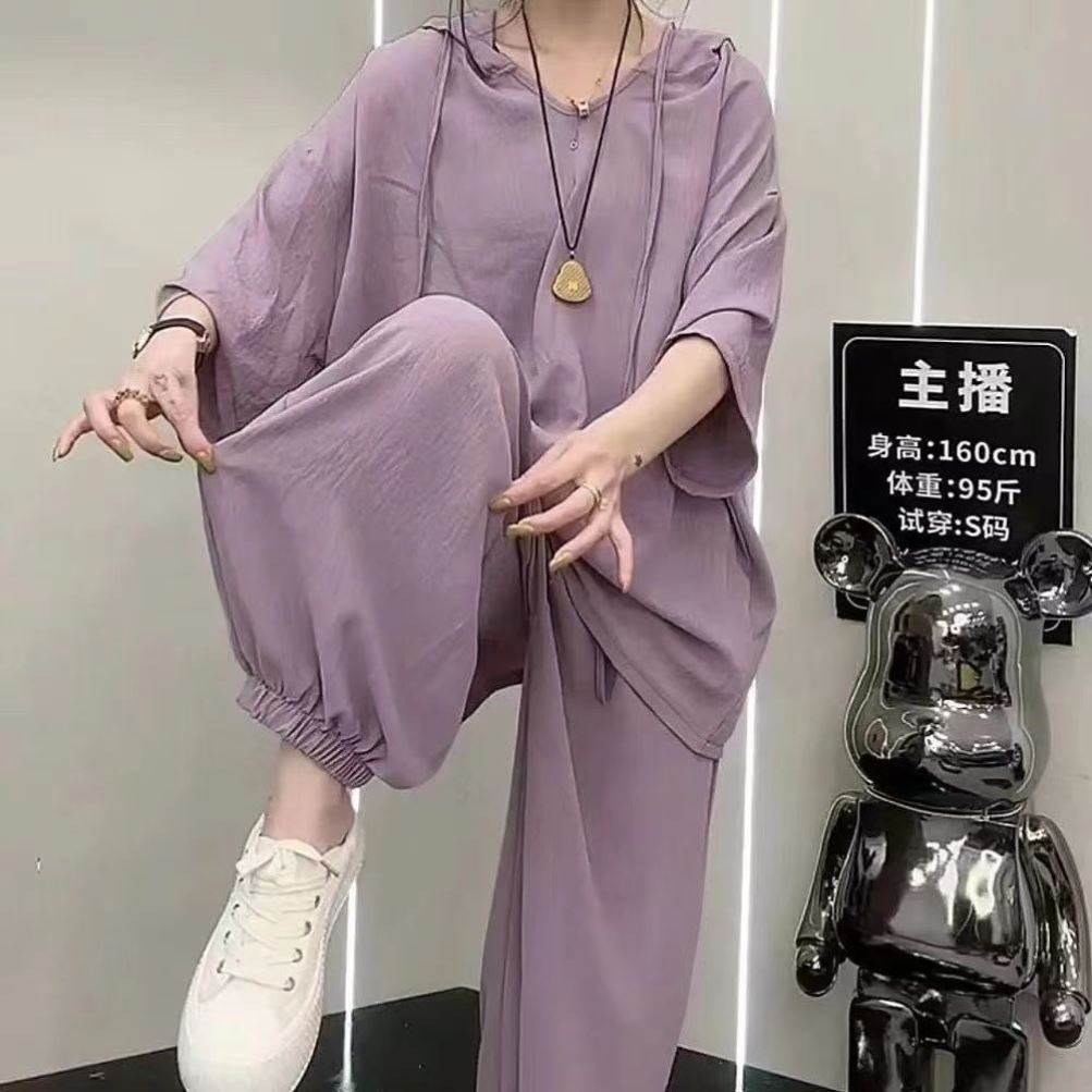 胖休闲运动套装女夏季加肥加大码宽松300斤韩版连帽短袖两件套