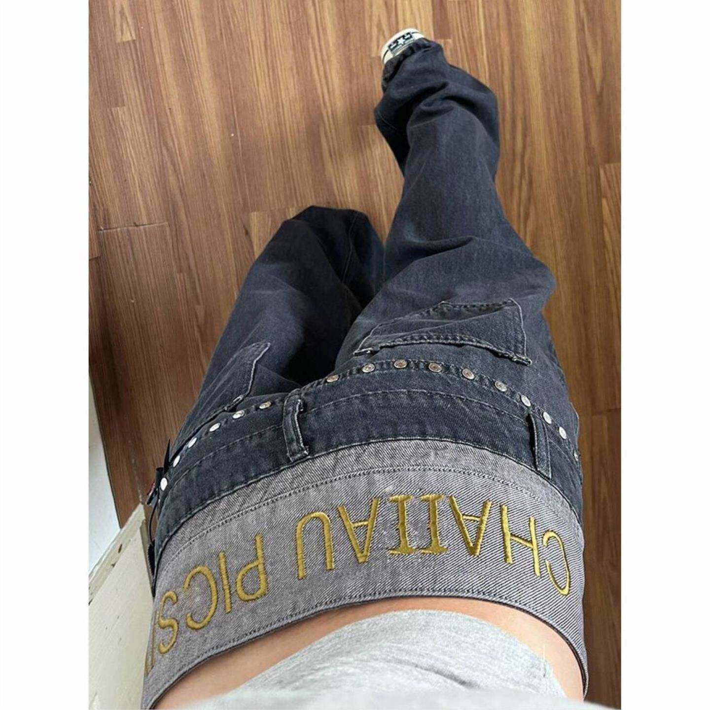 美式大码高街设计感烫金字母牛仔裤子女夏季辣妹双腰头拼接拖地裤