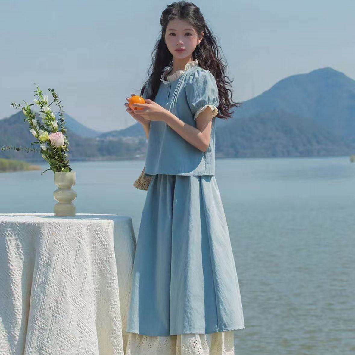 小个子学院风蓝色连衣裙子女装夏季2026新款今年流行爆款套装长裙