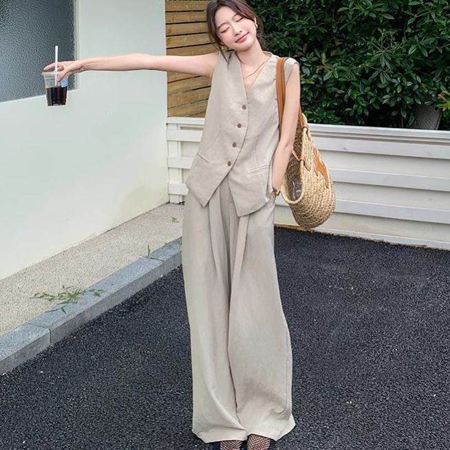 大码夏季薄款松弛感套装女2-300斤胖mm无袖马甲+宽松裤腿裤两件套
