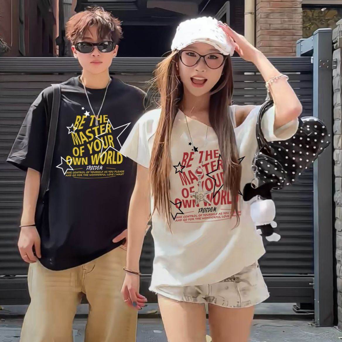 不一样的情侣装夏装2026新款女一字肩斜肩小从短袖高级感恤上衣