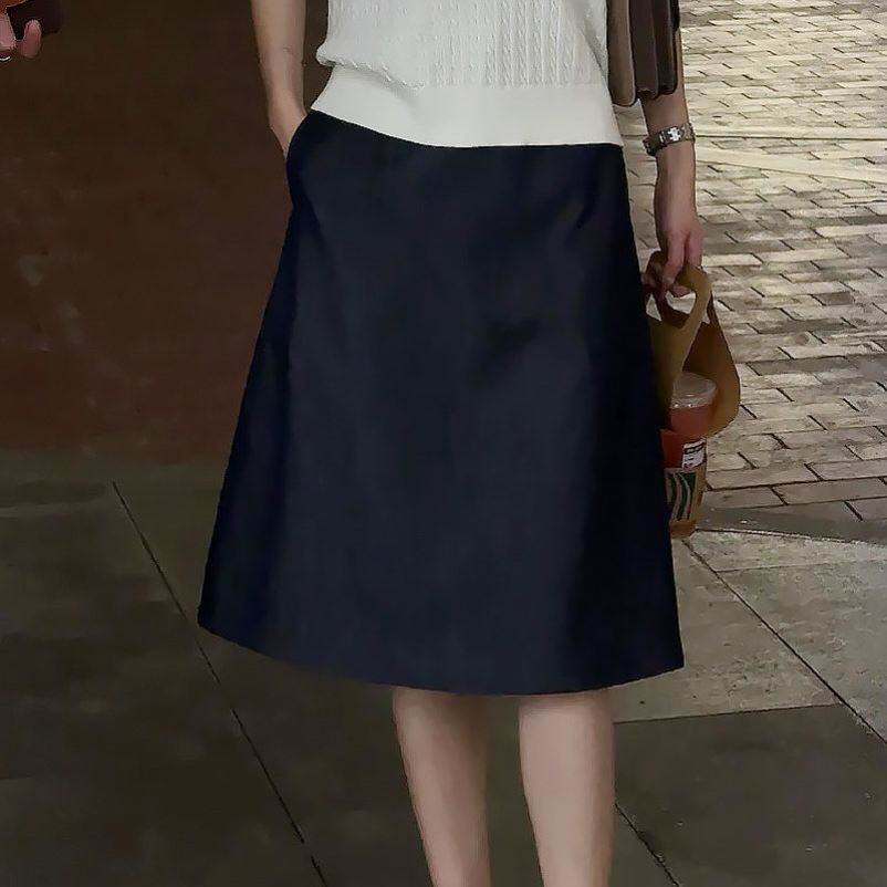 藏蓝色a字裙半身裙女夏季新款大码中长款半身裙减龄气质西装裙
