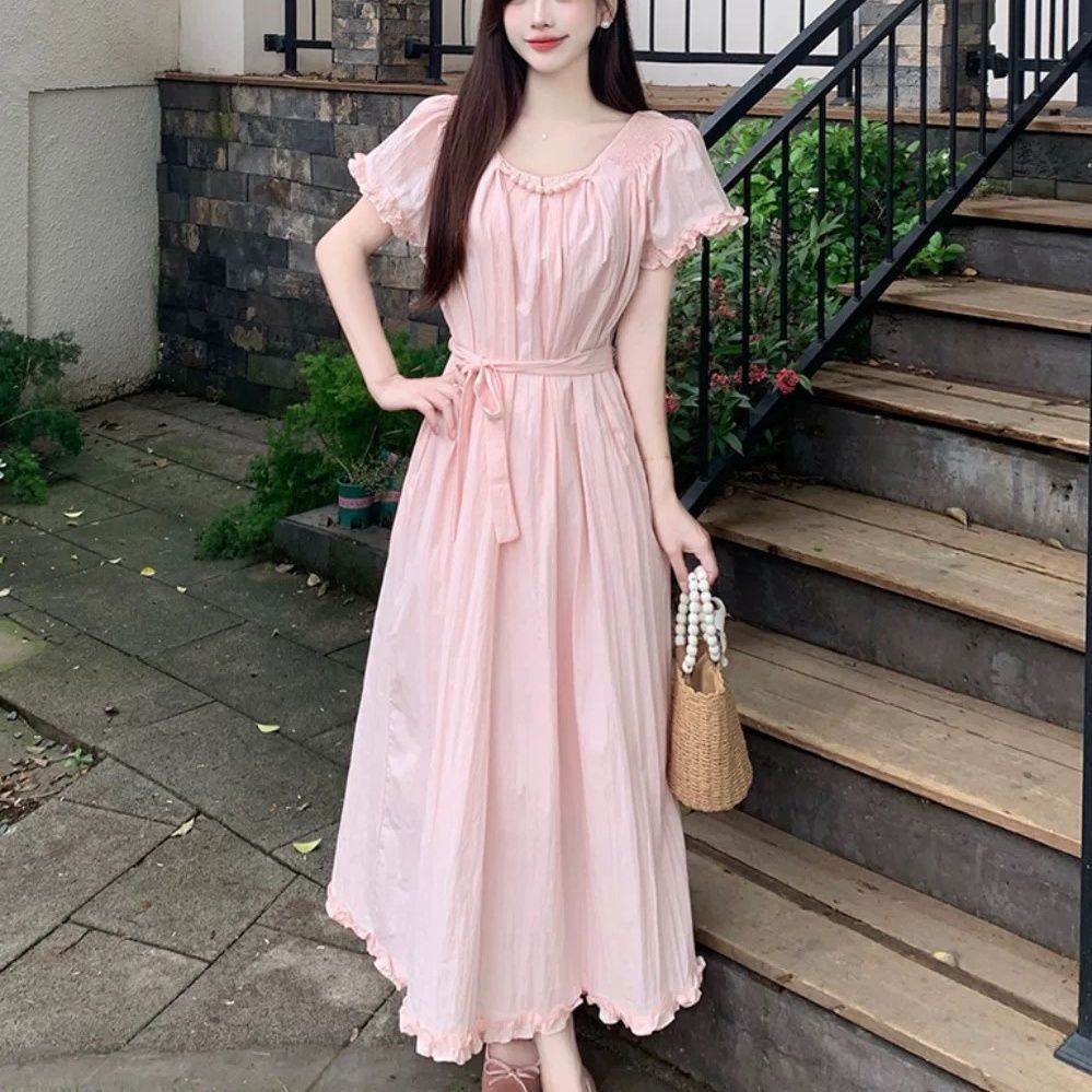 大码法式清纯系少女感连衣裙2026夏新款木耳边拼接圆领棉长裙