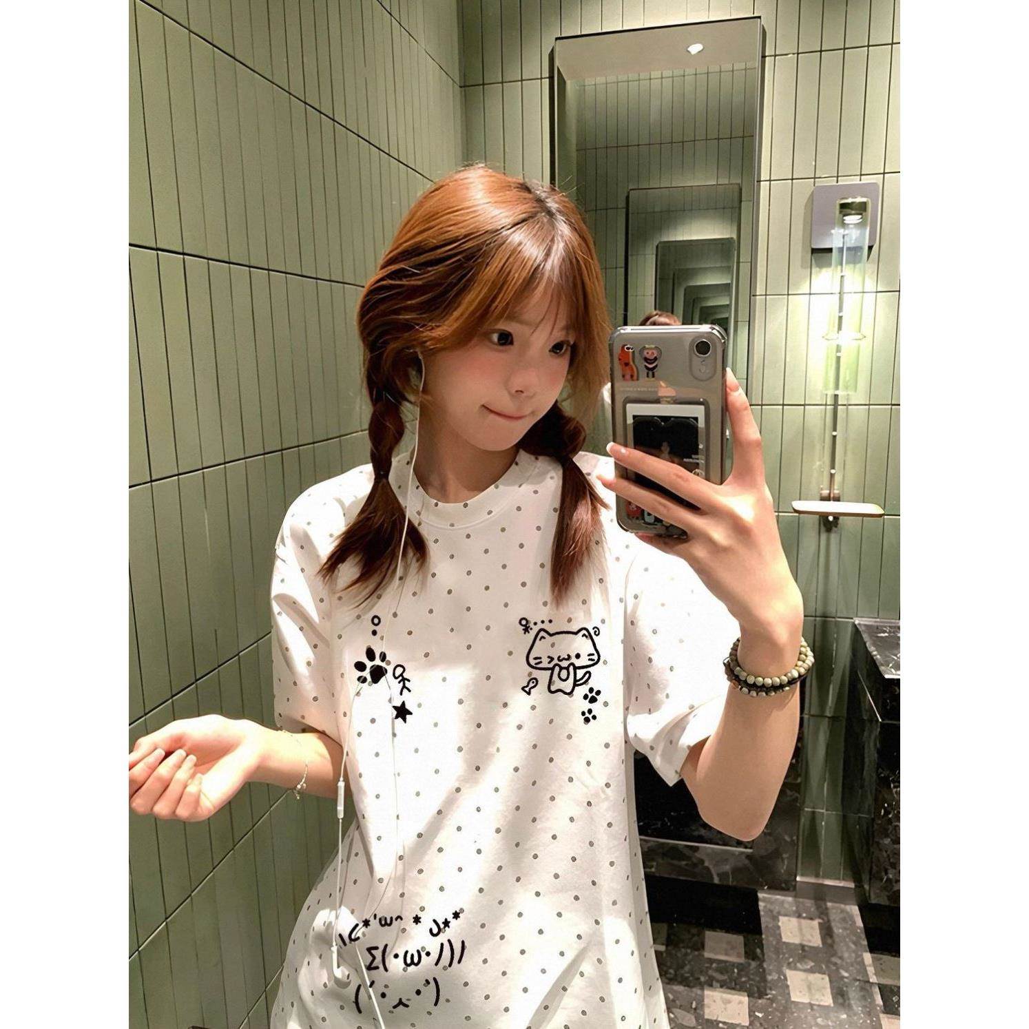 美式宽松短袖t恤女2026夏季新款波点高级甜美学生ins上衣
