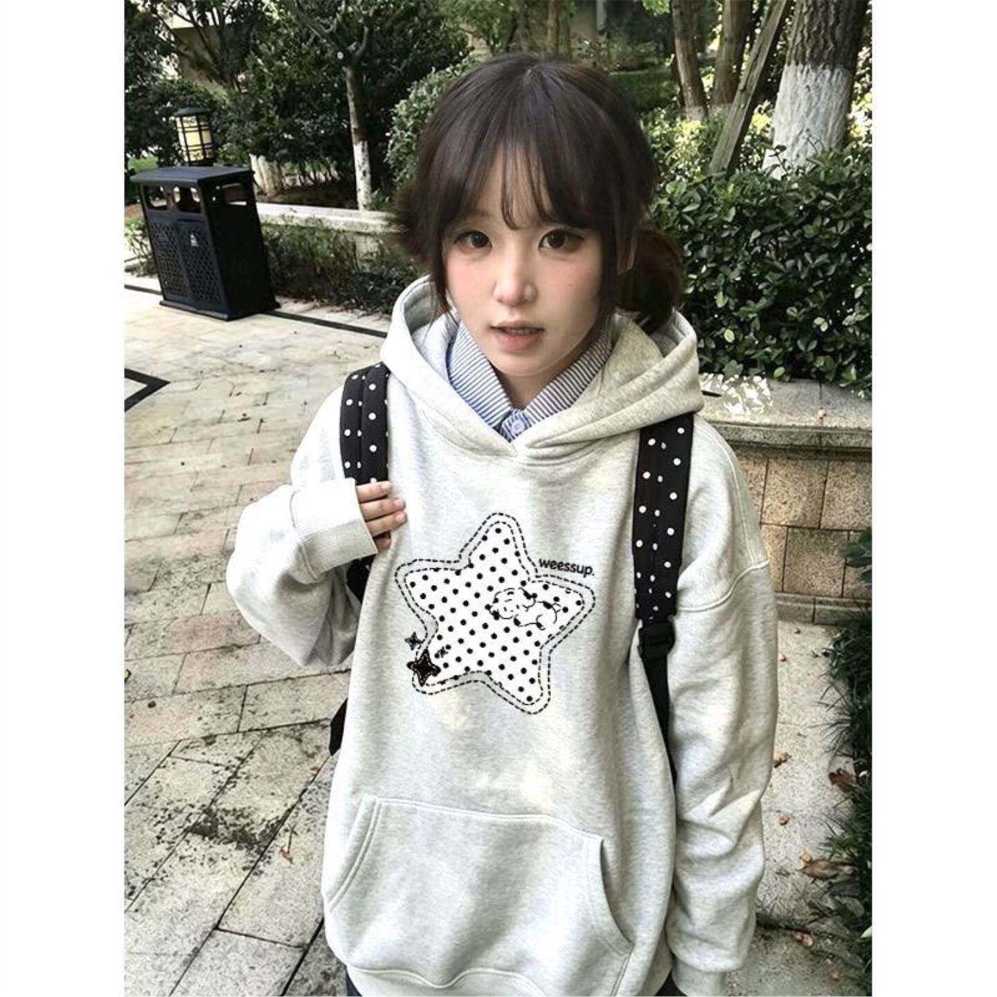 秋冬新款韩系波点星星印花加绒加厚连帽卫衣女初高中学生宽松外套