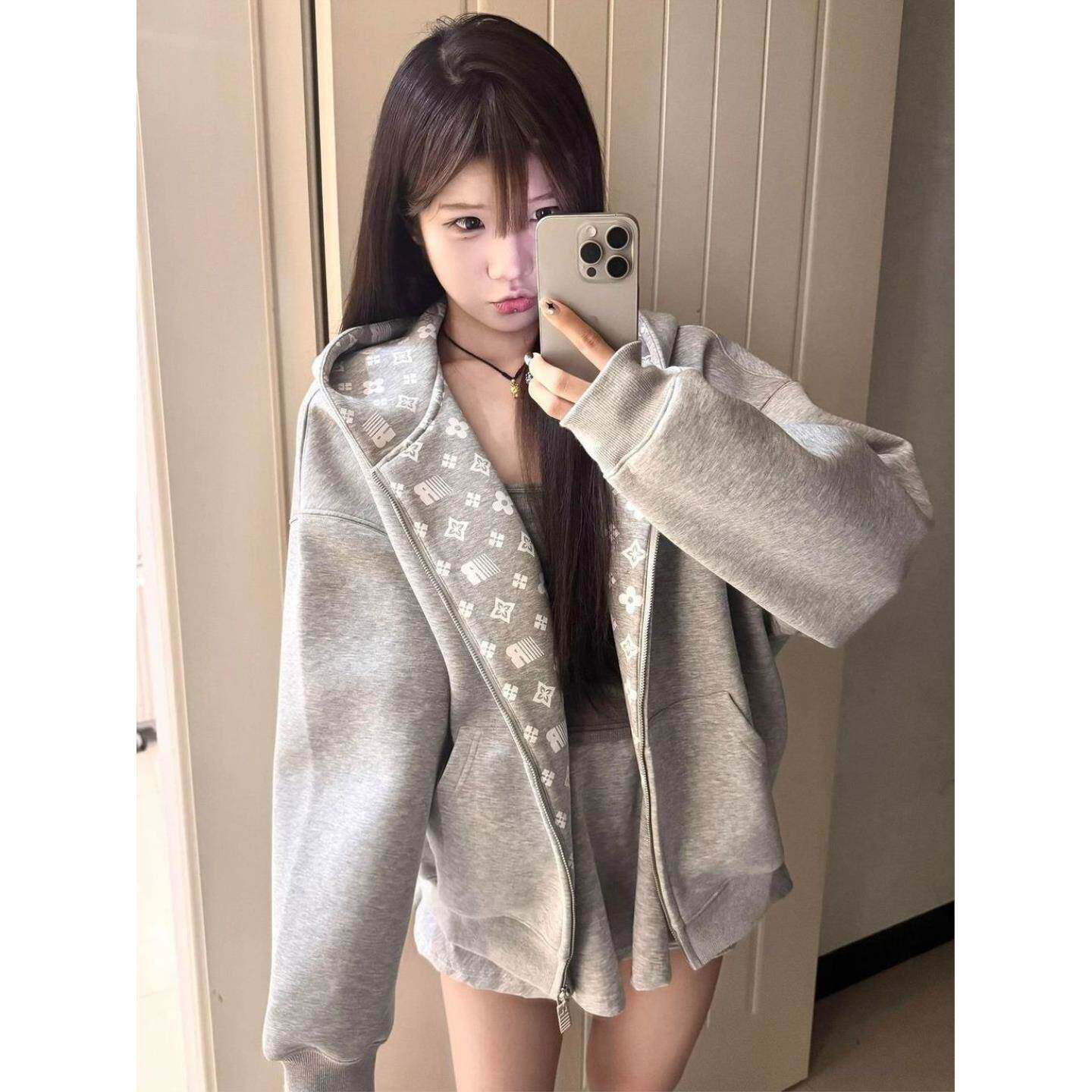 秋春季开衫连帽卫衣女加绒学生韩版宽松运动上衣小个子拉链外套
