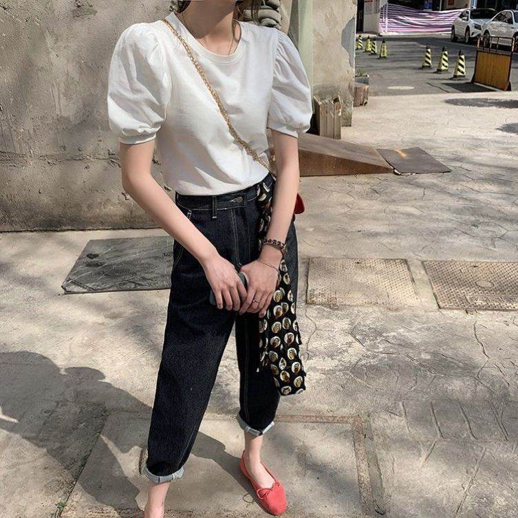 短款短袖t恤女夏高腰棉白色泡泡袖灯笼袖法式别致独特正肩上衣