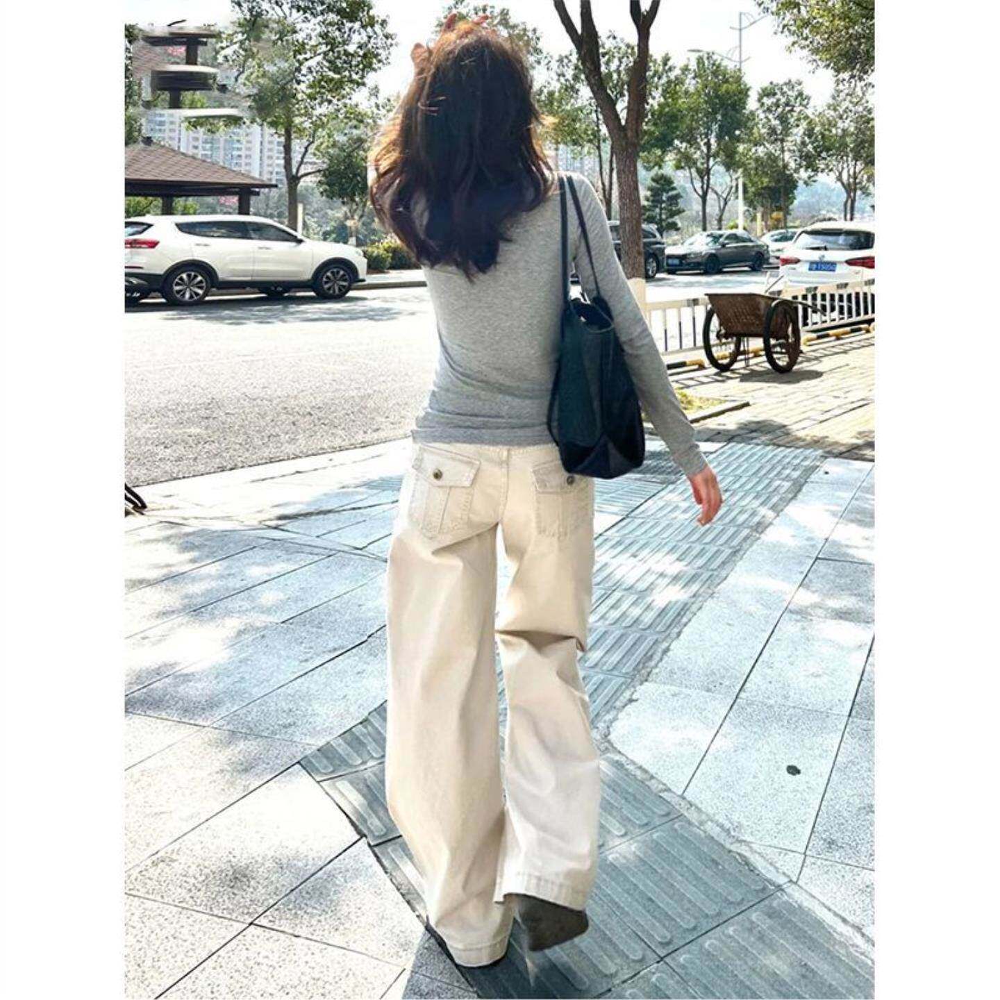 美式浅杏色低腰阔腿牛仔裤女2026秋季新款宽松显瘦垂感直筒拖地裤