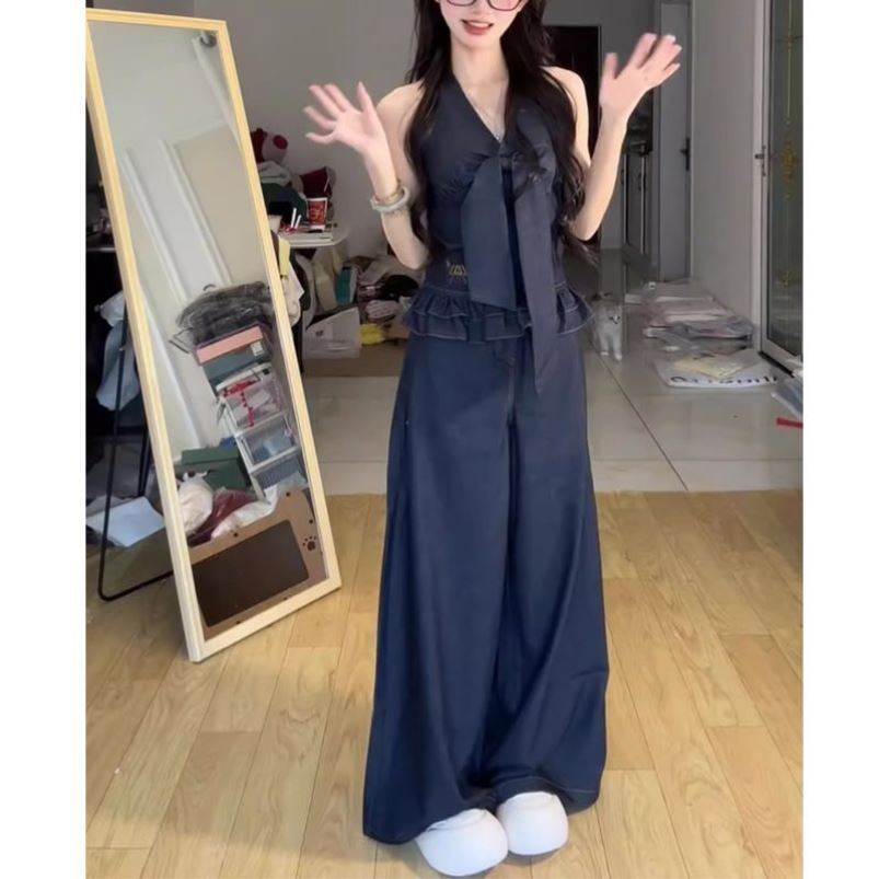 夏季挂脖上衣牛仔套装2026新款女夏韩系chic别致穿搭阔腿裤两件套