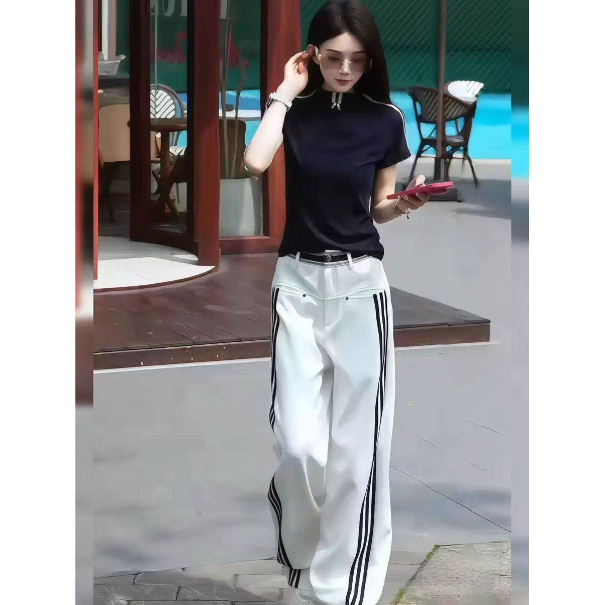 春夏款设计感条纹撞色半高领短袖套装女韩系简约显瘦阔腿裤2件套