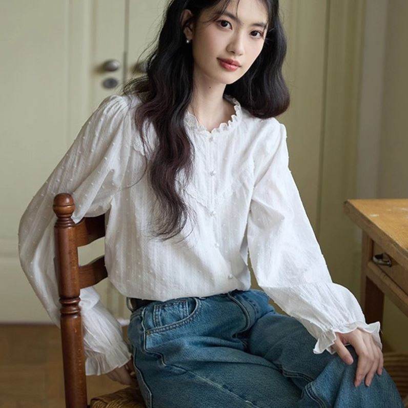 蕾丝花边长袖女新款衬衣女打底衫减龄小衫木耳边上衣女圆领衬衫女