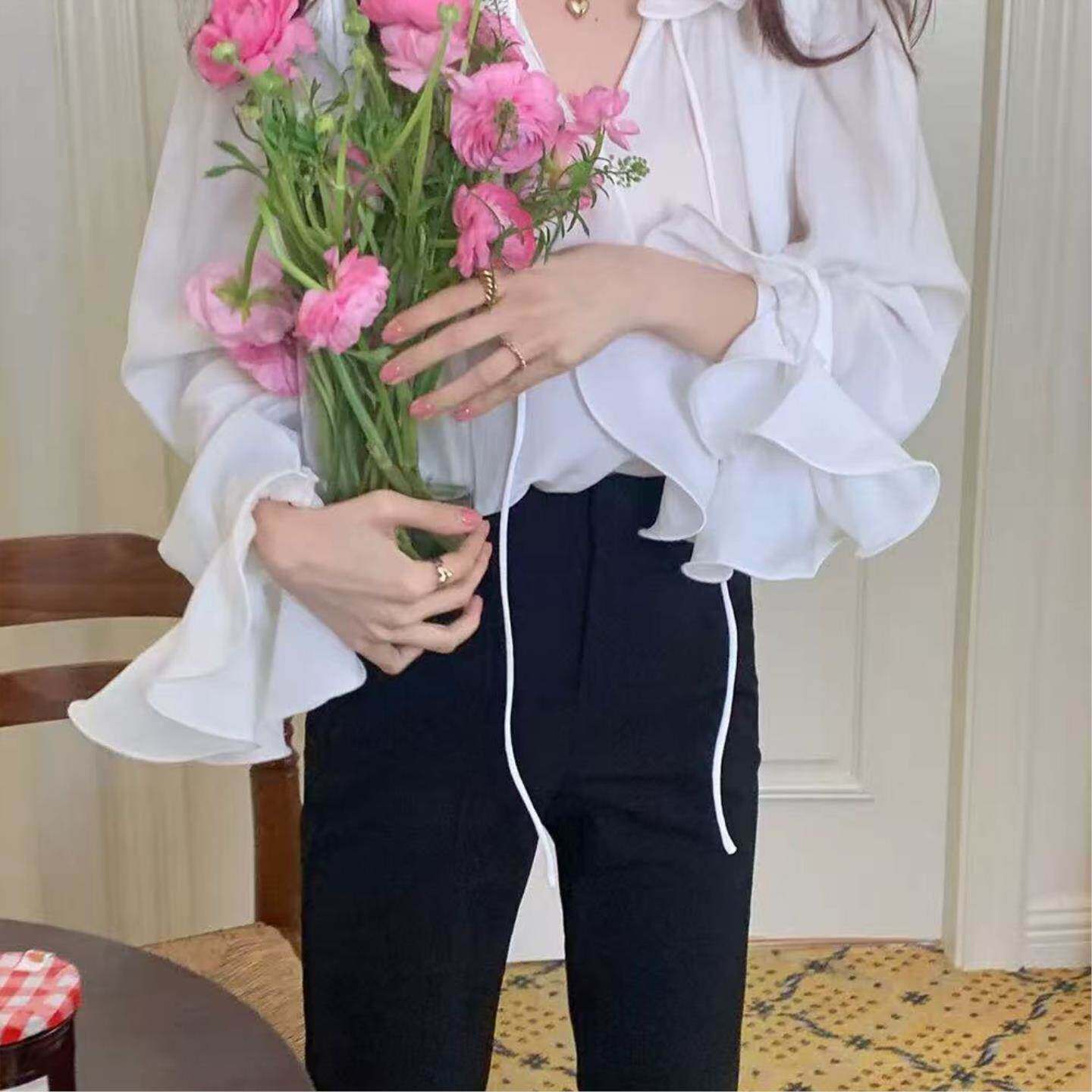 荷叶边衬衫女新款法式蝴蝶结衬衫打底衫仙仙上衣超仙荷叶领衬衣女