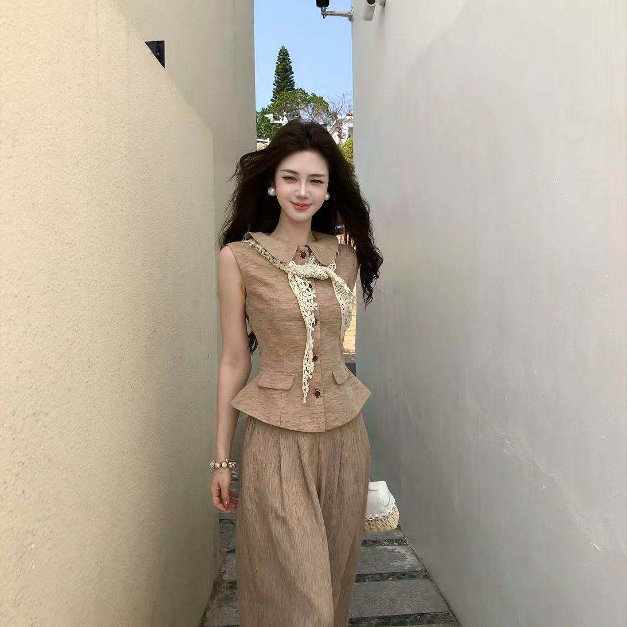 复古文艺风无袖收腰上衣阔腿裤小清新套装