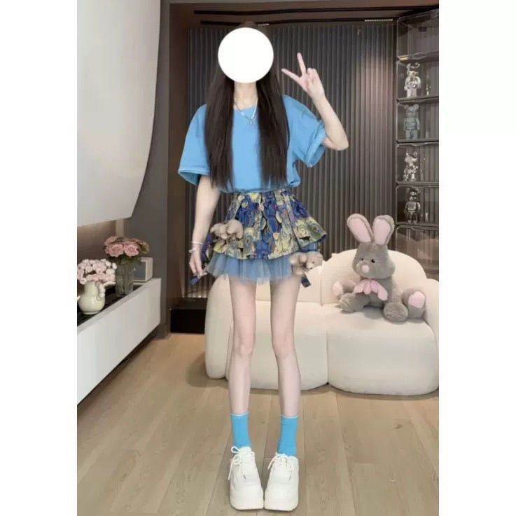 韩版复古套装女2026夏季新款小众设计款玩偶短袖上衣高腰网纱短裙