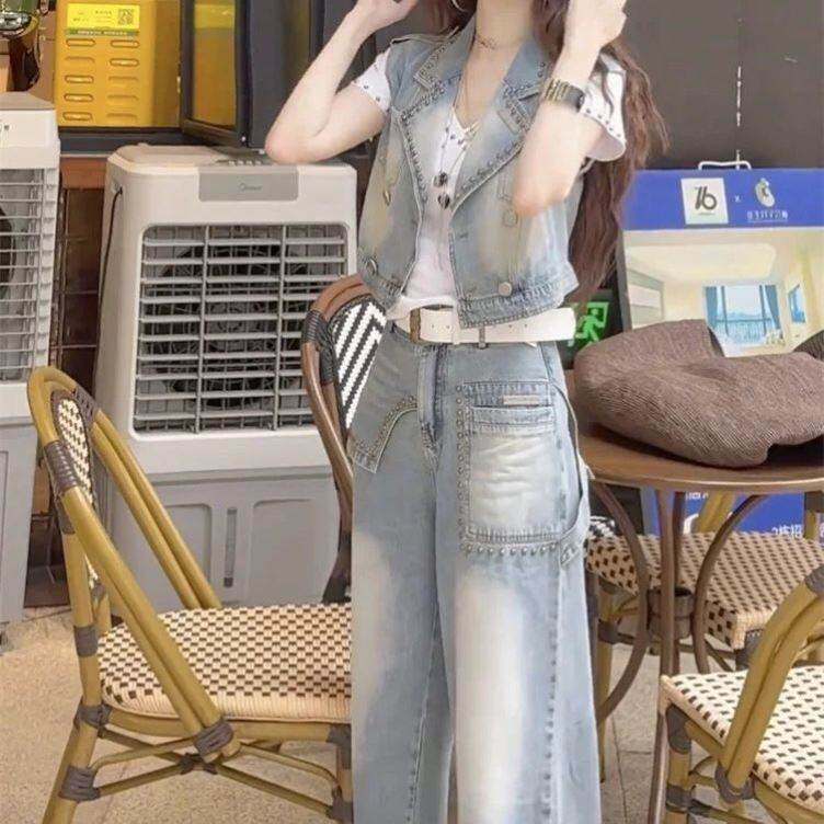 2026年夏季网红新款百搭翻领重工牛仔马甲复古高腰牛仔裤套装女